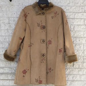 EUC Lapis Boho Style Faux Fur Lined Floral Suede Feel Coat